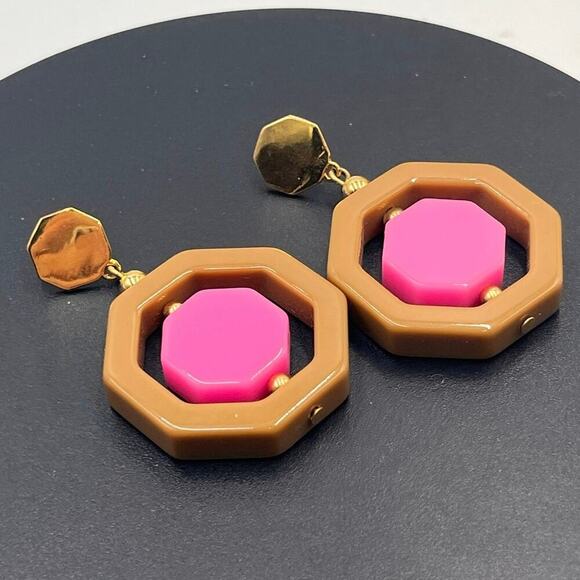 Kate Spade Pink Brown Resin Plastic Geometrical Hexagon Drop Pierced Earrings - Picture 2 of 10